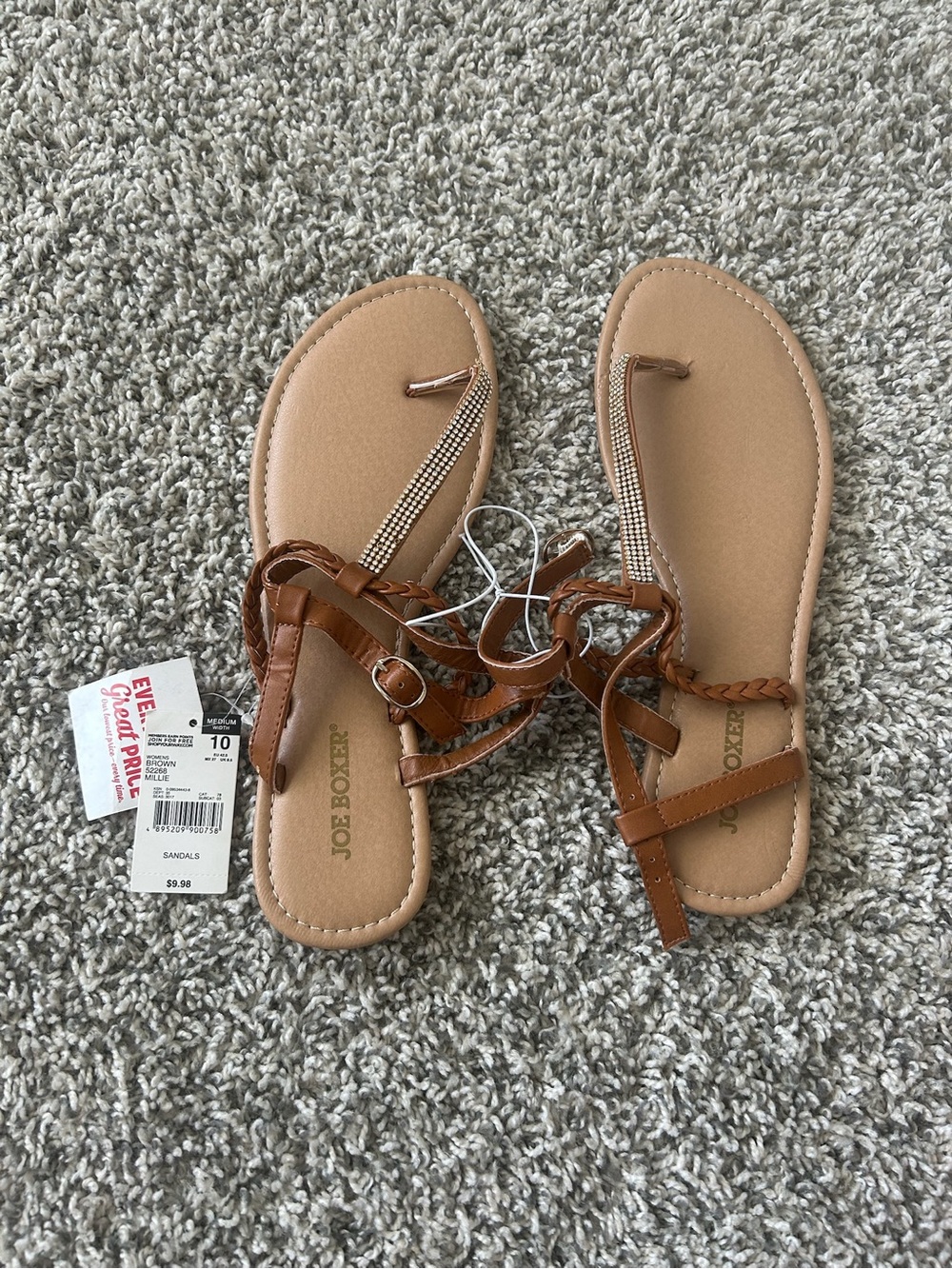 Joe Boxer Tan Size 10 NWT Braided Rhinestone T-Strap Sandals - Women's